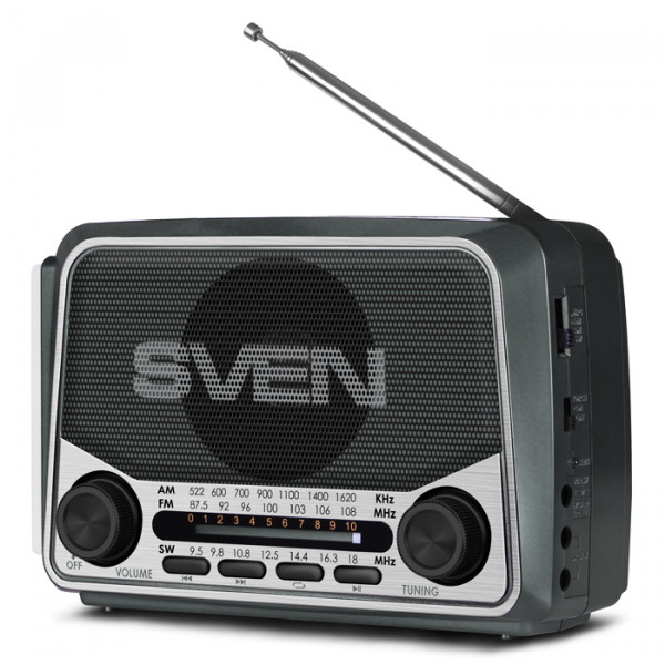 Радиоприемник SVEN SRP-525 серый, FM/AM/SW, 3 Вт RMS, Плеер USB/SD, Телескопическая антенна